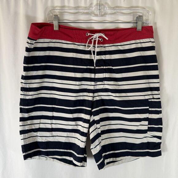 J Crew Board Shorts Men's 32 Red White Blue Striped Mesh Lined Pocket - Picture 1 of 6
